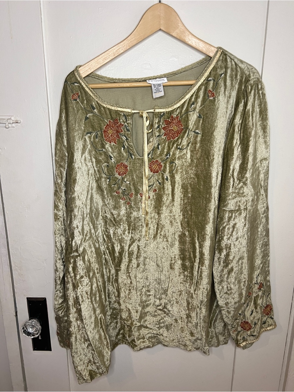 Florissant New York Olive Velvet Embroidered Peasant Top